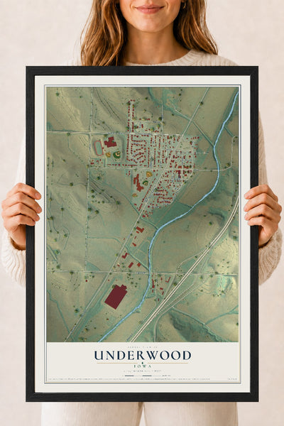 Map of Underwood, Iowa, 18 x 24 inch print in a black wood frame