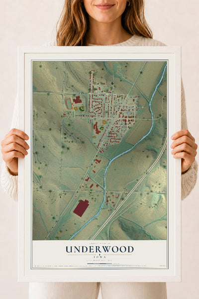 Map of Underwood, Iowa, 18 x 24 inch print in a white wood frame