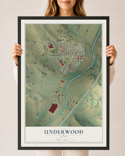 Map of Underwood, Iowa, 24 x 36 inch print in a black wood frame