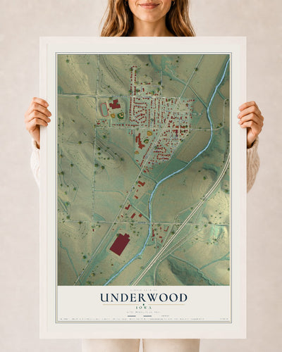 Map of Underwood, Iowa, 24 x 36 inch print in a white wood frame