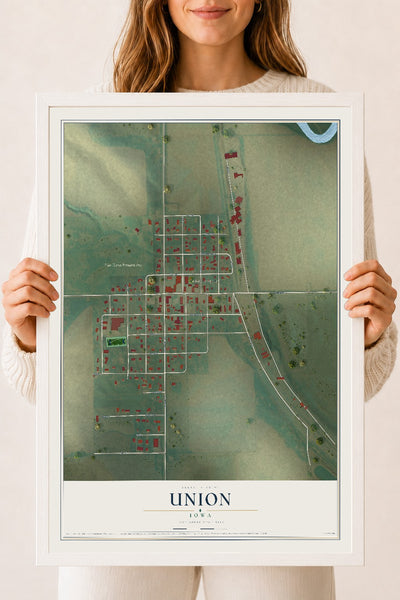Map of Union, Iowa, 18 x 24 inch print in a white wood frame