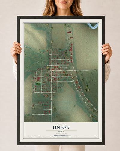 Map of Union, Iowa, 24 x 36 inch print in a black wood frame