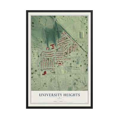 Map of University Heights, Iowa, 12 x 18 inch print in a black wood frame