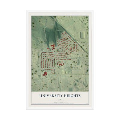 Map of University Heights, Iowa, 12 x 18 inch print in a white wood frame