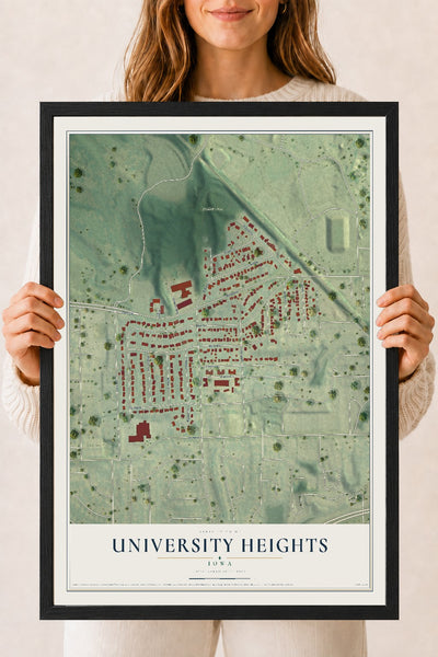 Map of University Heights, Iowa, 18 x 24 inch print in a black wood frame