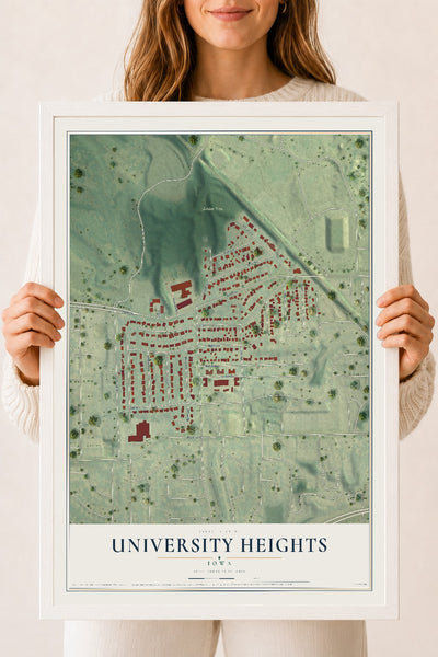 Map of University Heights, Iowa, 18 x 24 inch print in a white wood frame