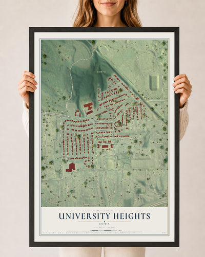 Map of University Heights, Iowa, 24 x 36 inch print in a black wood frame