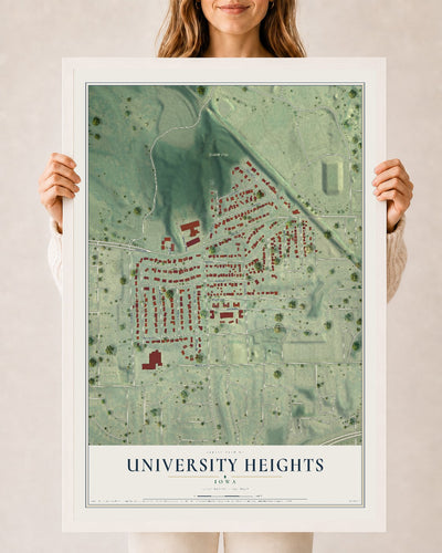 Map of University Heights, Iowa, 24 x 36 inch print in a white wood frame