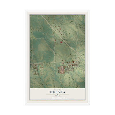 Map of Urbana, Iowa, 12 x 18 inch print in a white wood frame