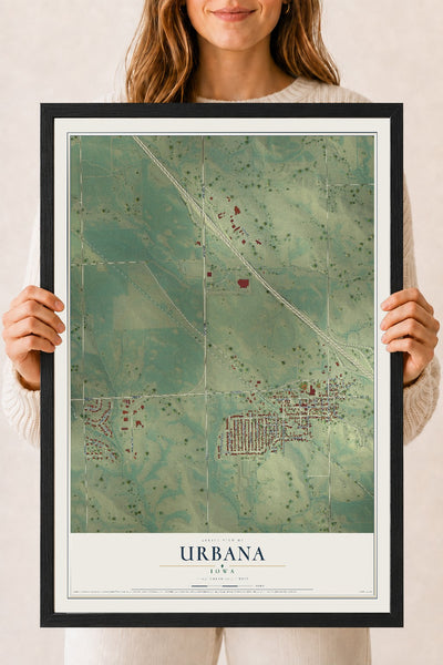 Map of Urbana, Iowa, 18 x 24 inch print in a black wood frame
