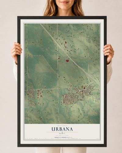 Map of Urbana, Iowa, 24 x 36 inch print in a black wood frame
