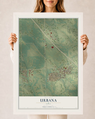 Map of Urbana, Iowa, 24 x 36 inch print in a white wood frame