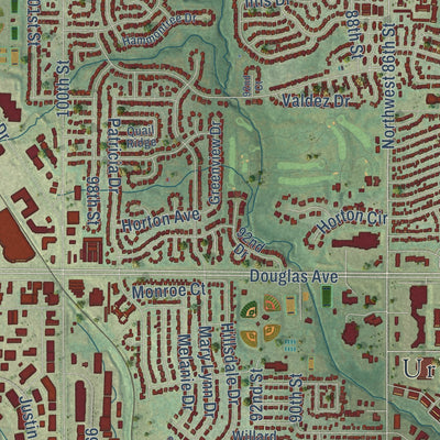 Close-up of the map of Urbandale, Iowa print showing street and building detail
