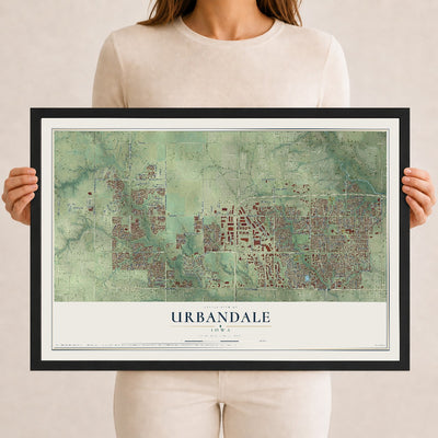Map of Urbandale, Iowa, 12 x 18 inch print in a black wood frame