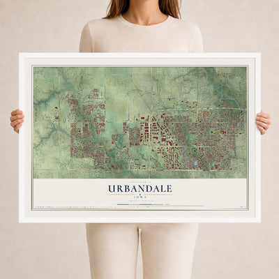 Map of Urbandale, Iowa, 24 x 36 inch print in a white wood frame