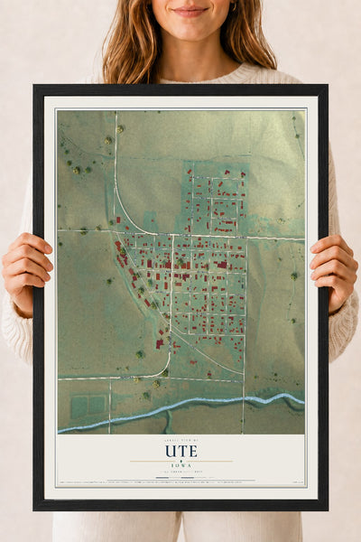 Map of Ute, Iowa, 18 x 24 inch print in a black wood frame