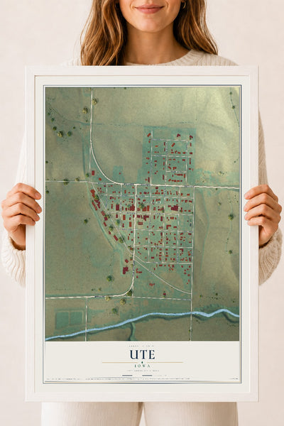 Map of Ute, Iowa, 18 x 24 inch print in a white wood frame