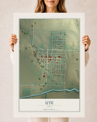 Map of Ute, Iowa, 24 x 36 inch print in a white wood frame