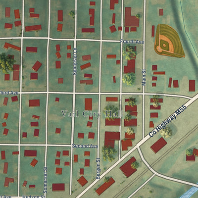 Close-up of the map of Vail, Iowa print showing street and building detail