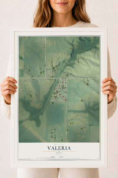 Map of Valeria, Iowa, 18 x 24 inch print in a white wood frame