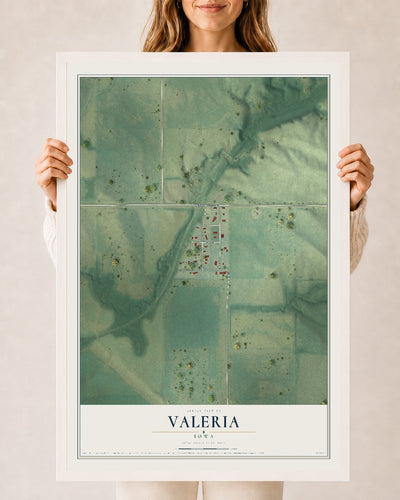 Map of Valeria, Iowa, 24 x 36 inch print in a white wood frame