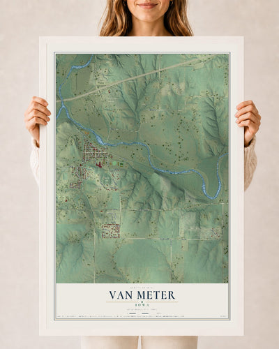 Map of Van Meter, Iowa, 24 x 36 inch print in a white wood frame
