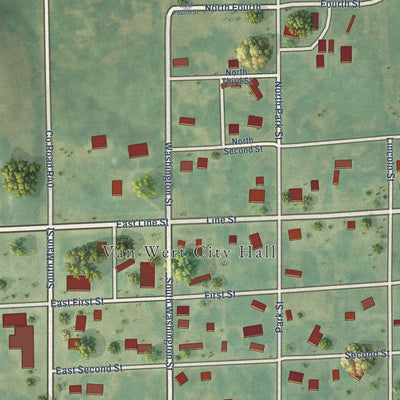 Close-up of the map of Van Wert, Iowa print showing street and building detail