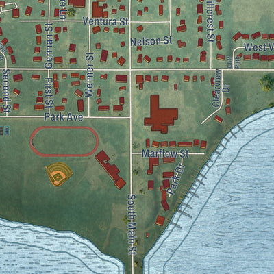 Second close-up of the map of Ventura, Iowa print showing more streets and buildings