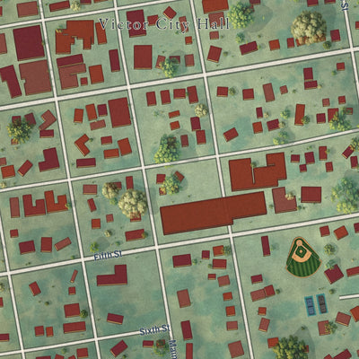 Close-up of the map of Victor, Iowa print showing street and building detail