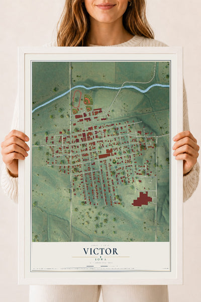 Map of Victor, Iowa, 18 x 24 inch print in a white wood frame