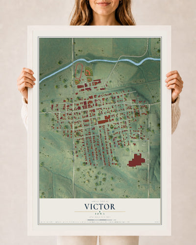 Map of Victor, Iowa, 24 x 36 inch print in a white wood frame
