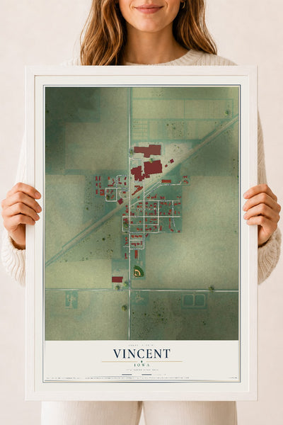 Map of Vincent, Iowa, 18 x 24 inch print in a white wood frame