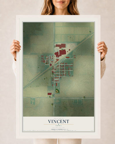 Map of Vincent, Iowa, 24 x 36 inch print in a white wood frame