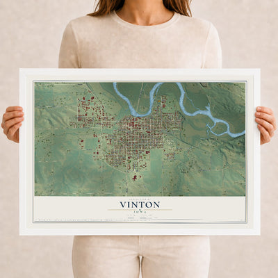 Map of Vinton, Iowa, 12 x 18 inch print in a white wood frame