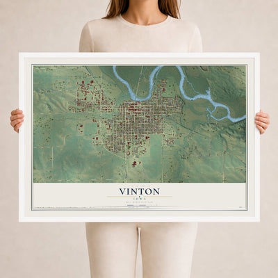 Map of Vinton, Iowa, 24 x 36 inch print in a white wood frame