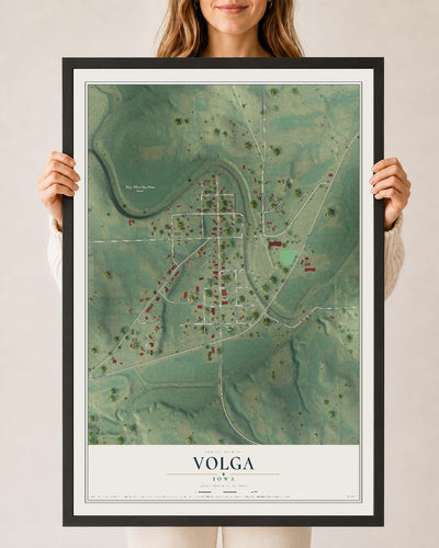 Map of Volga, Iowa, 24 x 36 inch print in a black wood frame