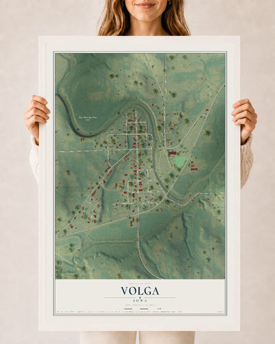 Map of Volga, Iowa, 24 x 36 inch print in a white wood frame