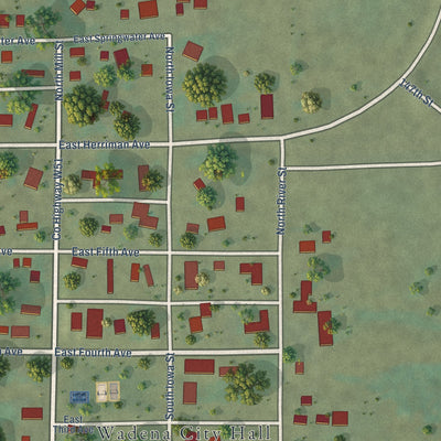 Close-up of the map of Wadena, Iowa print showing street and building detail