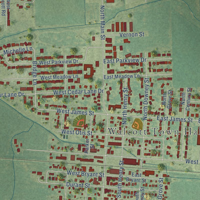 Close-up of the map of Walcott, Iowa print showing street and building detail