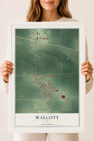 Map of Walcott, Iowa, 18 x 24 inch print in a white wood frame
