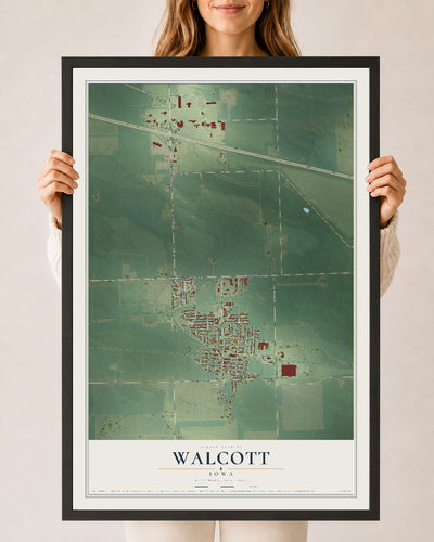 Map of Walcott, Iowa, 24 x 36 inch print in a black wood frame