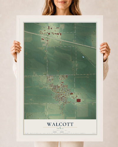 Map of Walcott, Iowa, 24 x 36 inch print in a white wood frame