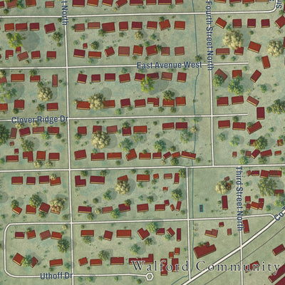 Close-up of the map of Walford, Iowa print showing street and building detail