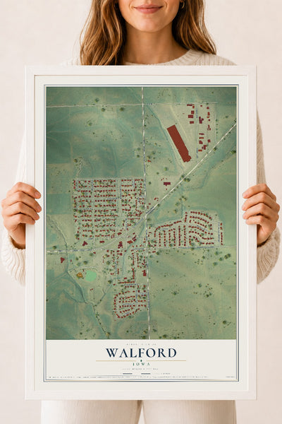 Map of Walford, Iowa, 18 x 24 inch print in a white wood frame