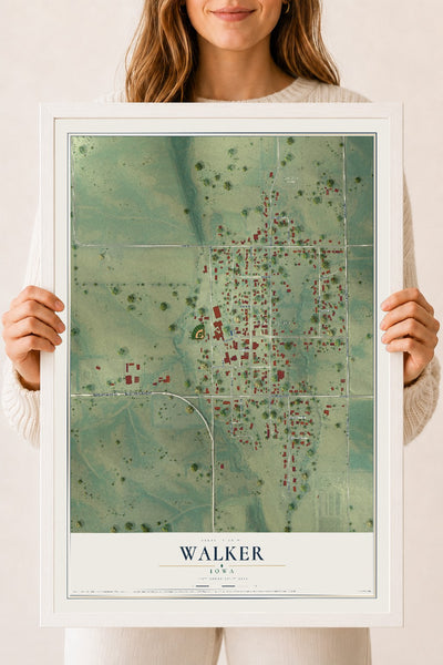 Map of Walker, Iowa, 18 x 24 inch print in a white wood frame