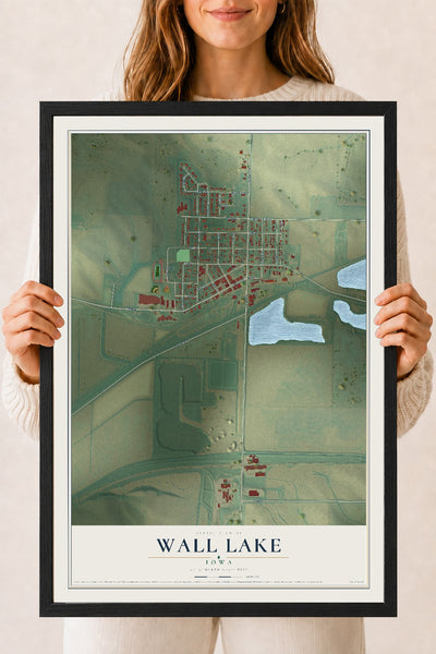 Map of Wall Lake, Iowa, 18 x 24 inch print in a black wood frame