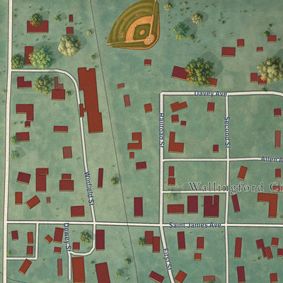 Close-up of the map of Wallingford, Iowa print showing street and building detail