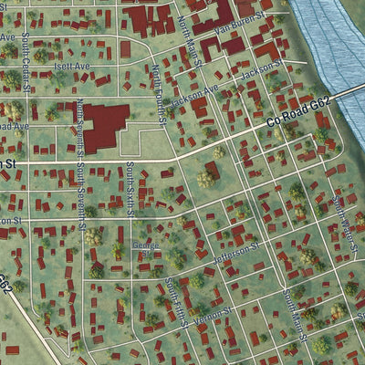 Close-up of the map of Wapello, Iowa print showing street and building detail