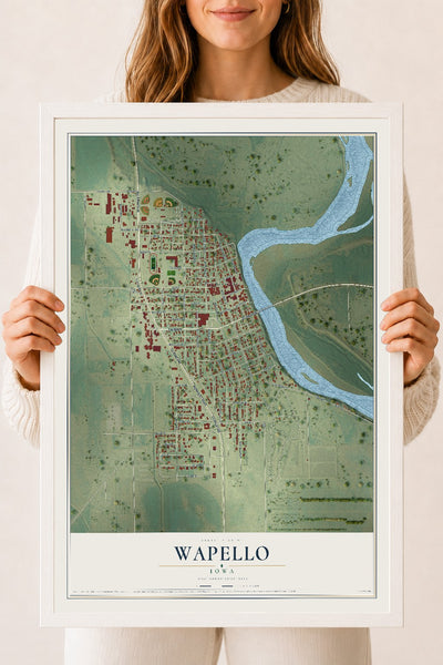 Map of Wapello, Iowa, 18 x 24 inch print in a white wood frame