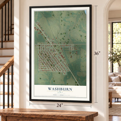 Washburn, Iowa map, 24 x 36 inch print in a black frame by a staircase